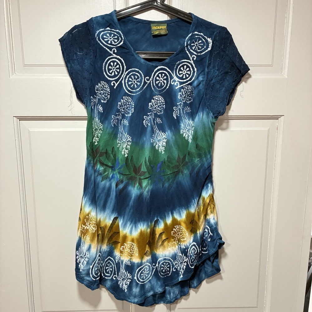 Jackpot Women's‎ Boho Festival Tie Dye Tunic Top Free Size Short Sleeves Blue